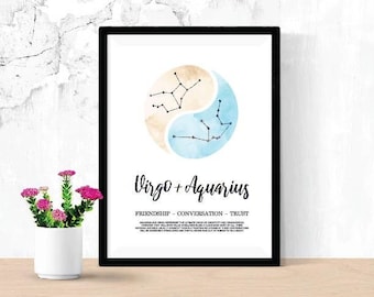 Virgo and Aquarius Relationship Printable, Digital Download Zodiac Poster, Astrology Constellation