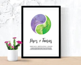 Pisces and Taurus Relationship Printable, Digital Download Zodiac Poster, Astrology Constellation