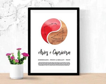 Aries and Capricorn Relationship Printable, Digital Download Zodiac Poster, Astrology Constellation