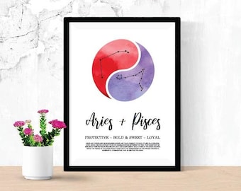 Aries and Pisces Relationship Printable, Digital Download Zodiac Poster, Astrology Constellation