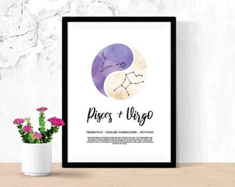 Pisces and Virgo Relationship Printable, Digital Download Zodiac Poster, Astrology Constellation