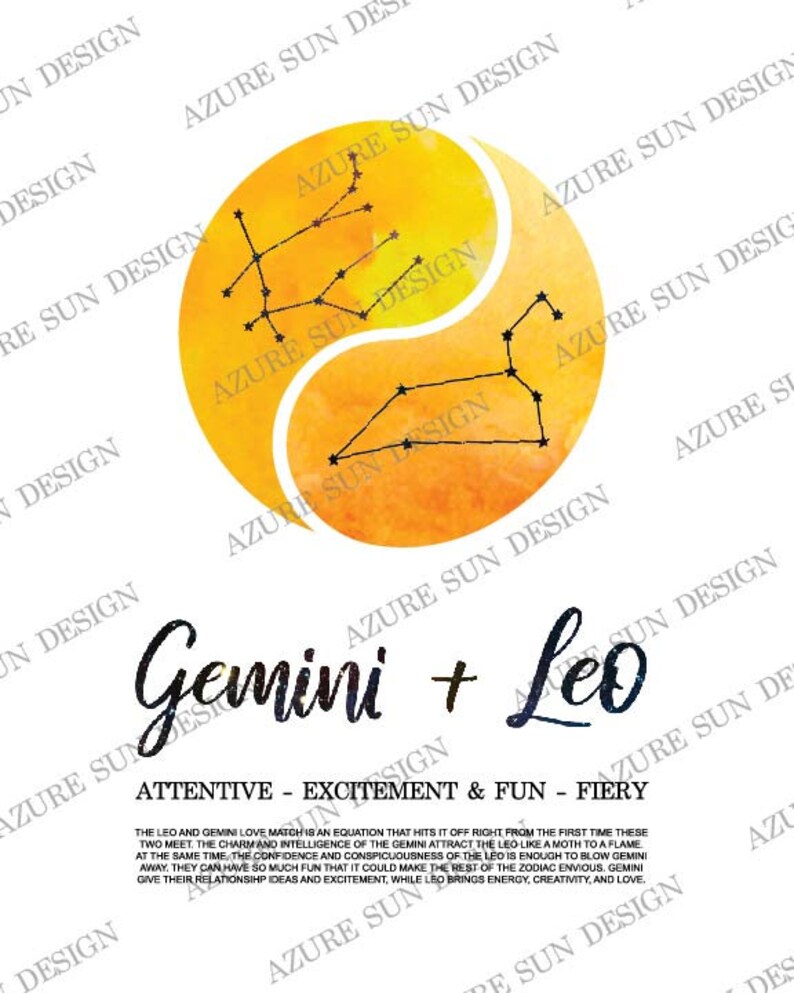 Gemini and Leo Relationship Printable, Digital Download Zodiac Poster