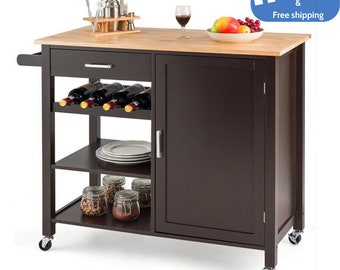 4-Tier Wooden Kitchen Island, Trolley Cart Rolling Storage Cabinet with Wine Rack