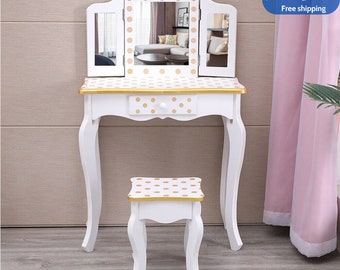 Kids Vanity Makeup, Dressing Table Chair Set Wooden W/Mirror, Children's Gift