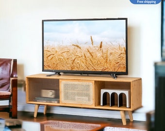 Modern TV Stand, Entertainment Center Media Console with Sliding Doors Rattan Glass