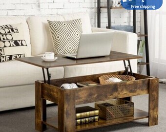 Rustic Lift Top Coffee Table w/Hidden Compartment&Storage Shelf For Living Room