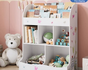 Kid's Bookshelf, Cute Printed Reading Nook with 2-Tier Display Shelf, 5-Cube White Bookcase for Playroom