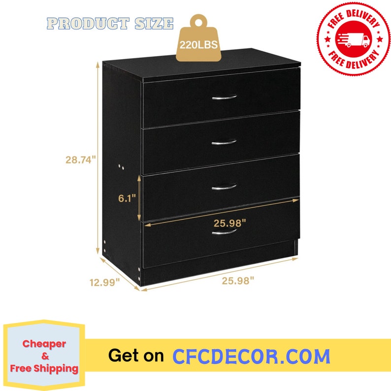 New 4 Drawer Chest Dresser Clothes Storage Bedroom Furniture Cabinet Black Bild 6