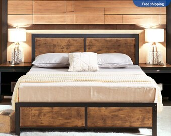 Bed Frame Twin/Full/Queen Size With Wooden Headboard Heavy Duty Metal Platform