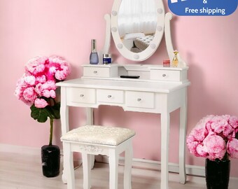 Vanity Table 10 Led Lights Mirror 5 Drawers Makeup Dressing Desk with Stool Set