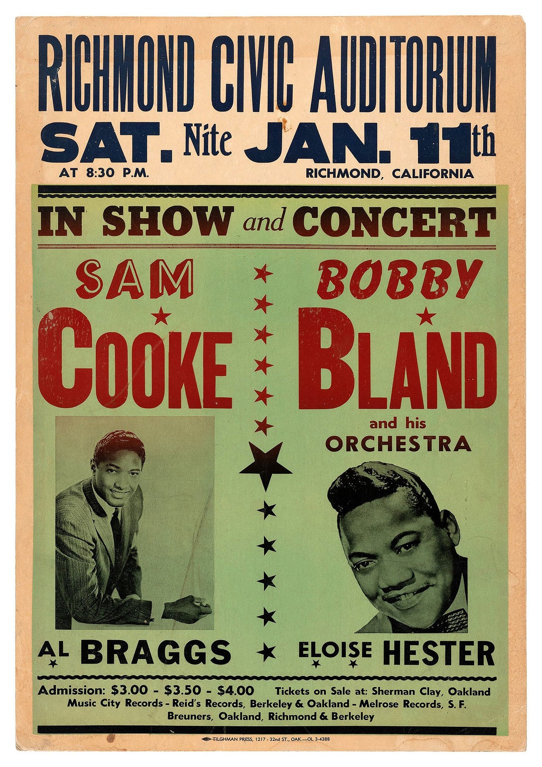 Reproduction Vintage sam Cooke Civic Auditorium Poster, Home Wall Art, Various Sizes Available