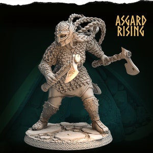 May include: A grey plastic miniature figurine of a female warrior with braided hair, wearing a helmet and chainmail armour, holding a double-headed axe. The figurine is standing on a round base with a Celtic knot design. The text "ASSGARD RISING" is visible in the background.