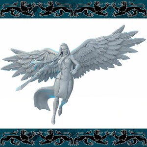 May include: A white, winged figure with long flowing hair, holding a sword in one hand. The figure is sculpted in a dynamic pose, with wings spread wide and a determined expression on its face.
