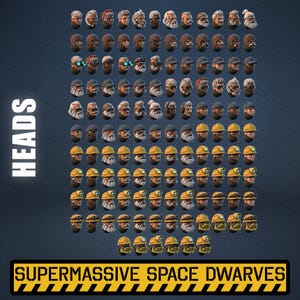 May include: A collection of dwarf heads with diverse hairstyles, beards, and headgear. Some wear helmets with lights, others caps or bandanas. The word "HEADS" is vertically aligned on the left, and "SUPERMASSIVE SPACE DWARVES" is at the bottom.