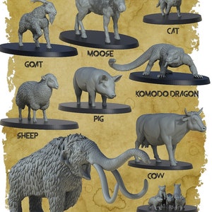 May include: A set of 10 miniature animal figurines, including a moose, goat, sheep, pig, cow, mammoth, Komodo dragon, cat, and rats. The figurines are made of a grey, textured material and are displayed on a brown background.
