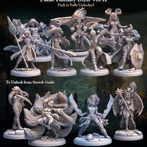 May include: A set of ten fantasy-themed miniature figurines, painted in shades of gray. The figurines depict female characters in various poses, including a witch, a warrior, and a sorceress. The text "Pack: Fantasy Girls Vol II" and "Pack is Fully Unlocked" is visible at the top of the image. The text "To Unlock from Stretch Goals" is visible at the bottom of the image.