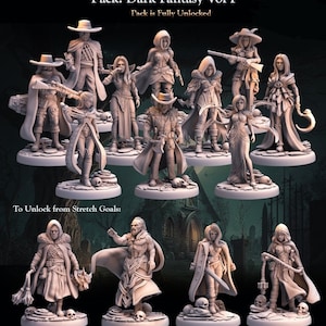 Puede incluir: Un conjunto de 12 figuras en miniatura en estilo dark fantasy. Las figuras están pintadas en tonos grises y blancos y están en varias poses de acción. Las figuras están de pie sobre bases circulares. El texto "Pack: Dark Fantasy Vol I" y "Pack is Fully Unlocked" está en la parte superior de la imagen. El texto "To Unlock from Stretch Goals" está en la parte inferior de la imagen.
