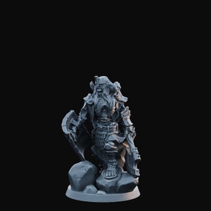 May include: A grey, detailed miniature figurine of a skeletal warrior with a shield and sword, standing on a rocky base.