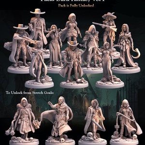 Puede incluir: Un conjunto de 12 figuras en miniatura en estilo dark fantasy. Las figuras están pintadas en tonos grises y blancos y están en varias poses de acción. Las figuras están de pie sobre bases circulares. El texto "Pack: Dark Fantasy Vol I" y "Pack is Fully Unlocked" es visible en la parte superior de la imagen. El texto "To Unlock from Stretch Goals" es visible en la parte inferior de la imagen.