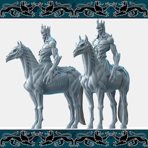 May include: Two skeletal figures, each wearing a crown, ride skeletal horses. The figures are posed in a standing position, with their arms outstretched. The figures and horses are all a light gray color.