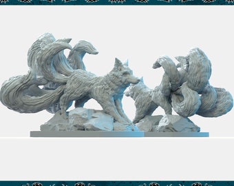 May include: A white, sculpted figurine of a nine-tailed fox, or kitsune, with a smaller fox cub at its side. The foxes are standing on a rocky base.