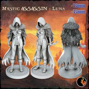 Puede incluir: Una figura miniatura de plástico gris de una mujer que lleva una capa con capucha y sostiene una daga. La figura está de pie sobre una base redonda. El texto "MYSTIC ASSASSIN - LUNA" es visible en la parte superior de la imagen. El texto "-75mm -35mm" es visible en la esquina superior derecha de la imagen.