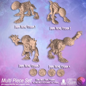 May include: Multi-piece set of four 3D printed brain hound miniatures. Each miniature is posed differently and comes with a 25mm base. The bases come in flat, magnet slot, or pre-supported versions. The text on the image reads: "Multi Piece Set 25MM BASES (FOUR VERSIONS) (ALL BASES COME IN FLAT OR MAGNET SLOT VERSIONS)"