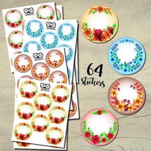 64 etiquetas adhesivas en blanco con diseño de corona floral: flores vintage redondas y coloridas, para scrapbooking, diario, envoltura de regalos, manualidades, frascos, cajas y embalaje.