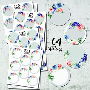 Floral runde leere Aufkleber Etiketten - 64 Aquarell Blumen Aufkleber für Verpackungen, Geschenkanhänger, Umschlagrobben, Gläser, Boxen & Gastgeschenke