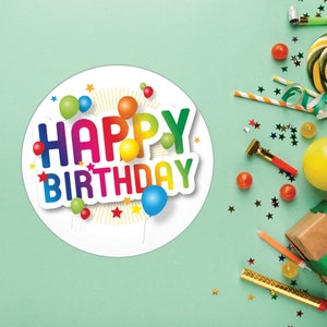Gelukkige verjaardag ronde stickers | x 40 of meer | Etiketzegels | Cadeaustickers | Bedankstickers | Feestverpakking | Envelopstickers | Kaartsticker: