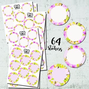 Ronde bloemenstickers - 64 stuks stickerlabels, plannerstickers, plakboekstickers, paarse bloem ambachtelijke benodigdheden, doe-het-zelfdecoratie, verpakking, potten