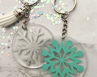 Snowflake Acrylic Keychain, Glitter Acrylic Keychain