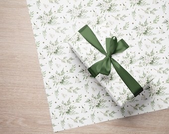 Papier cadeau baies d'hiver blanc, rouleau de papier cadeau hiver, baies de Noël