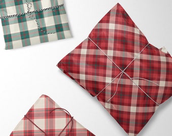 Set of 3 Red and Green Tartan Wrapping Paper, Tartan Christmas Wrapping Paper,  Plaid Wrapping Paper