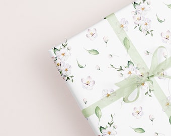 Papier cadeau fleurs printanières, rouleau de papier cadeau floral, papier cadeau fleurs blanches