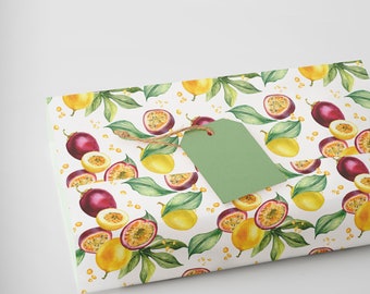 Papier cadeau fruits de la passion, papier cadeau fruits tropicaux, joli papier cadeau