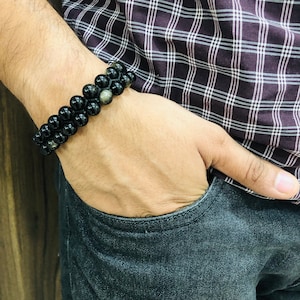 8mm Golden Obsidian Beaded Bracelet, Protection Healing Gemstone Bracelet, Black Gemstone Bracelet, Unisex Bracelet For Gift, Birthday Gift