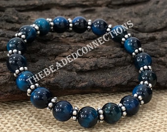 Blue Tiger's Eye Bracelet: 8mm Beaded Handmade Stretch Bracelet