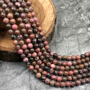 6 & 8mm Black Rhodonite Loose Beads, Natural Smooth Rhodonite Gemstone Beads, Black and Pink Gemstone Beads Full Strand For Jewelry Making