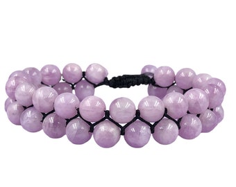 Verstellbares Kunzit Kristall Armband: 8 mm Rosa Edelstein Armband, Makramee Doppelstrang Schmuck