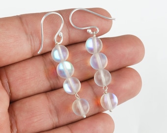 Pendientes de cuarzo Aura: pendientes colgantes de plata de ley con cuentas para mujer