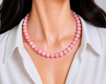 Colar de Jade Rosa com Contas: Gargantilha com Gema Redonda de 8 mm para Mulheres