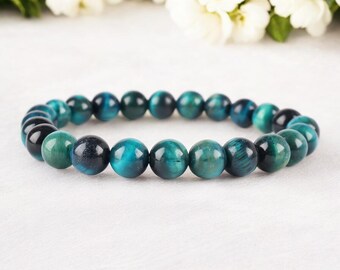 Blue Tiger's Eye Bracelet: 8mm Gemstone Crystal Stretchy Bracelet