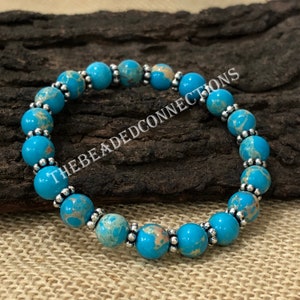Blue Turquoise Bracelet, Natural Turquoise Bracelet, 8mm Round Beaded Stretch Bracelet For Men Women, Handmade Jewelry, Friendship Bracelet