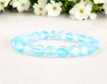 Matte Blue Aura Quartz Bracelet: Frosted Crystal Bead Jewelry, Handmade Stretch Bracelet Gift