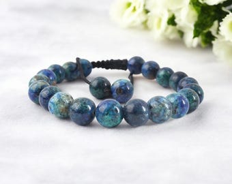 8mm Azurite Malachite Gemstone Bracelet: Adjustable Beaded Jewelry