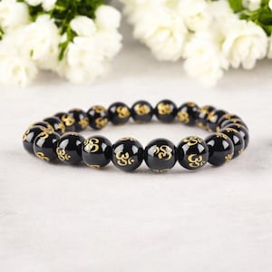8mm Black Onyx Bracelet, Black Onyx Om Bracelet, Boho Bracelet, Black Onyx Bracelet For Men & Women, Stretchy Bracelet, Thanksgiving Gift