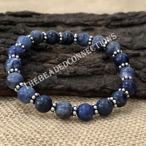 Natural Sodalite Beaded Bracelet, Blue Sodalite Round Beads Bracelet, Handmade Beads Bracelet, Stretchable Bracelet For Men & Women Gift