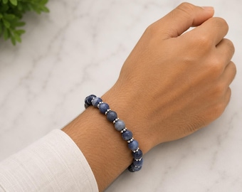 Bracelet de perles de sodalite naturelle : bijoux en pierres précieuses extensibles faits main pour lui