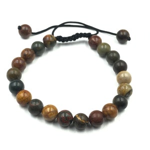 Bracciale con perline in diaspro Picasso da 8 mm, braccialetto in diaspro Picasso naturale, braccialetto calmante e radicante, braccialetto regolabile regalo per uomini e donne